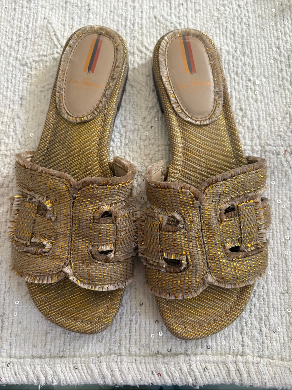 Sam Edelman Bay Fray Slide Sandal in the colorway Gold Quartz Fray size 8